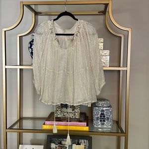 NWOT Anthropologie Raga Large sparkly peplum top. Gold thread, rose gold details